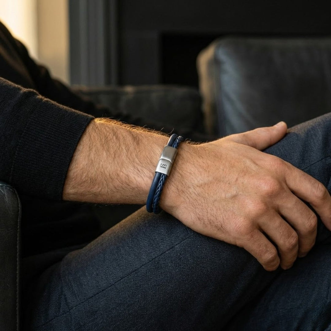 Niche Jewellery Steel & Barnett blue leather dual-band bracelet with a brushed stainless steel magnetic clasp on wrist