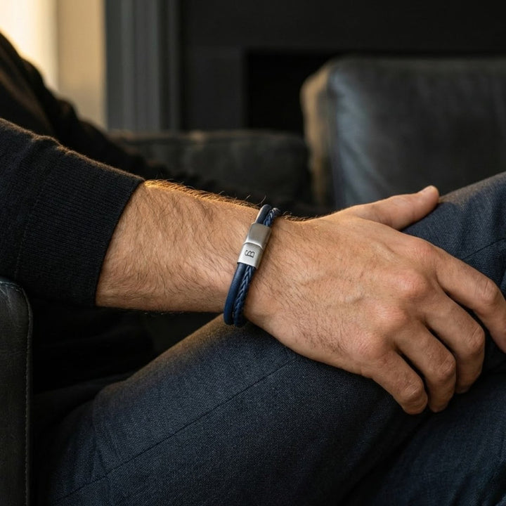 Niche Jewellery Steel & Barnett blue leather dual-band bracelet with a brushed stainless steel magnetic clasp on wrist