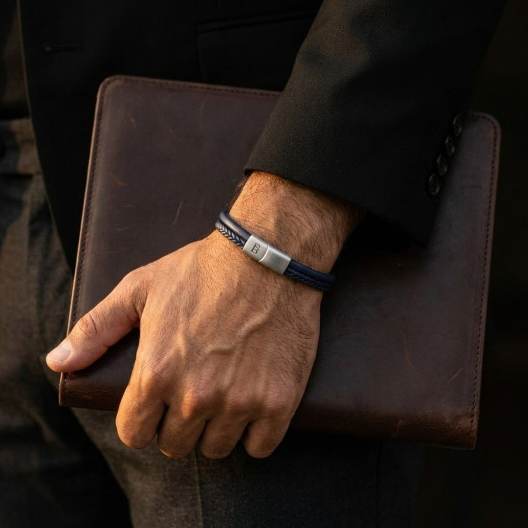 Niche Jewellery Steel & Barnett dual-band blue leather bracelet with a magnetic stainless steel clasp on a man's wrist