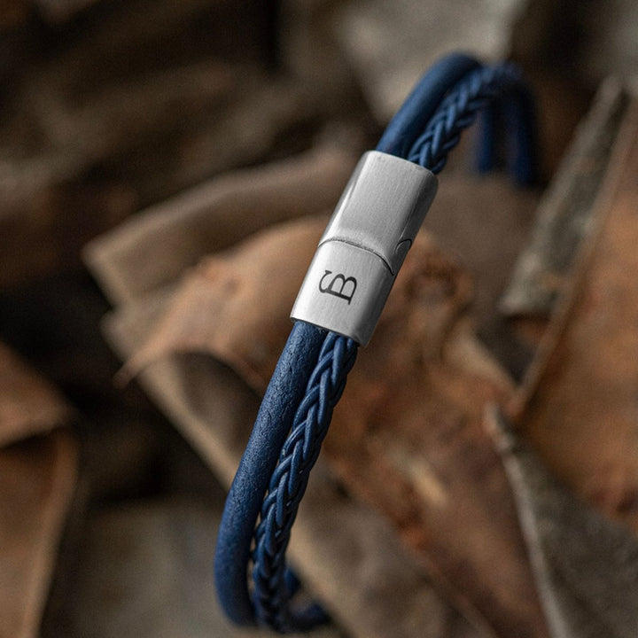 Niche Jewellery Steel & Barnett blue dual-band leather bracelet with a brushed stainless steel magnetic clasp