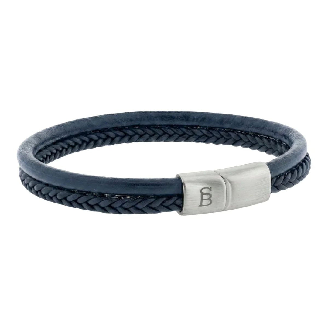 Niche Jewellery Steel & Barnett dual-band blue leather bracelet with woven braid and brushed stainless steel clasp.