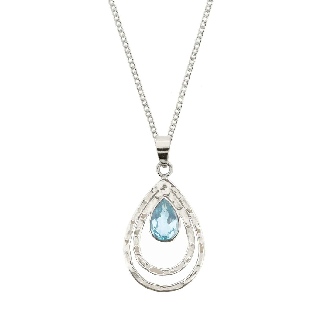 Niche Jewellery Charlotte's Web infinity necklace featuring a teardrop blue topaz stone set in hammered recycled sterling silver.