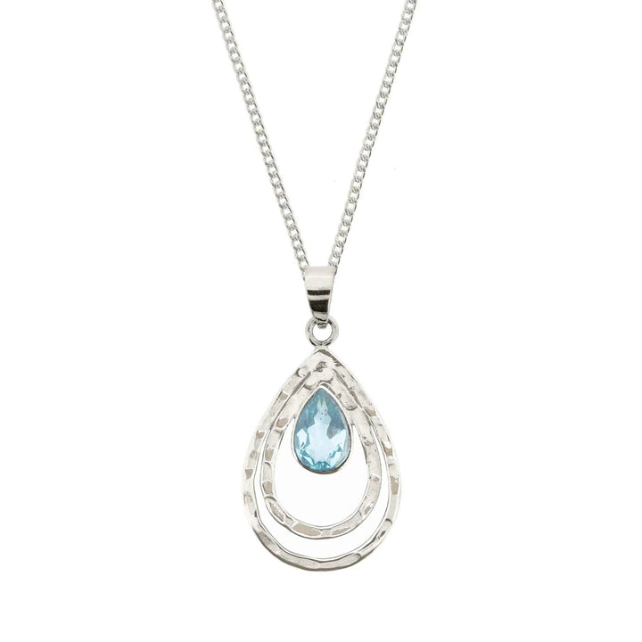 Niche Jewellery Charlotte's Web infinity necklace featuring a teardrop blue topaz stone set in hammered recycled sterling silver.