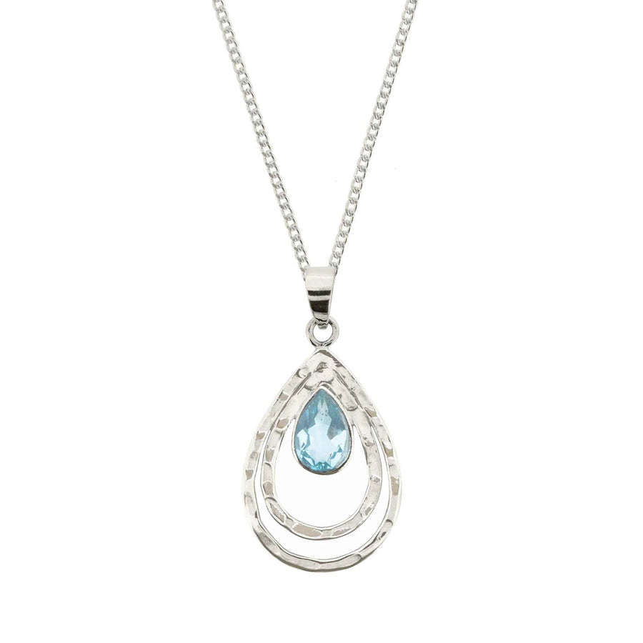 Niche Jewellery Charlotte's Web infinity necklace featuring a teardrop blue topaz stone set in hammered recycled sterling silver.