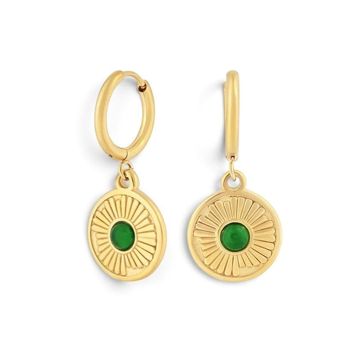 Niche Jewellery Formation Co Boheme hoop earrings in 18k gold plated silver with emerald green stone and sunburst detail