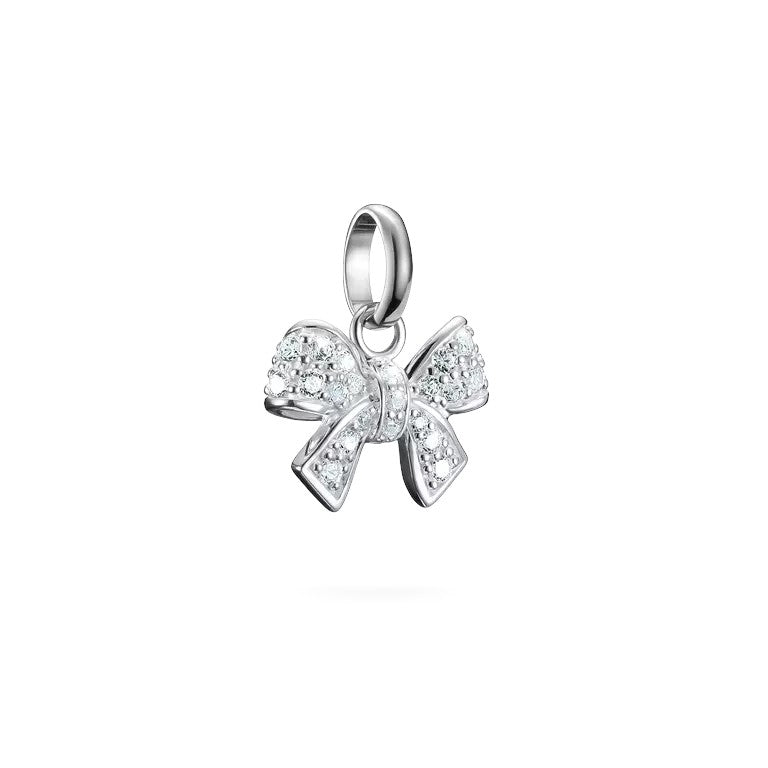 Niche Jewellery sparkling bow charm pendant made from recycled 925 sterling silver with white cubic zirconia stones.