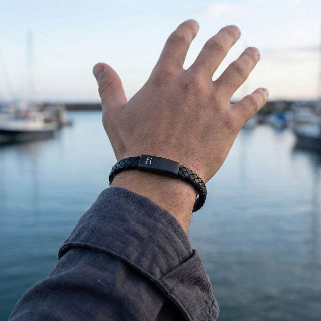 Niche Jewellery Steel & Barnett braided black leather bracelet with a matte black stainless steel magnetic clasp
