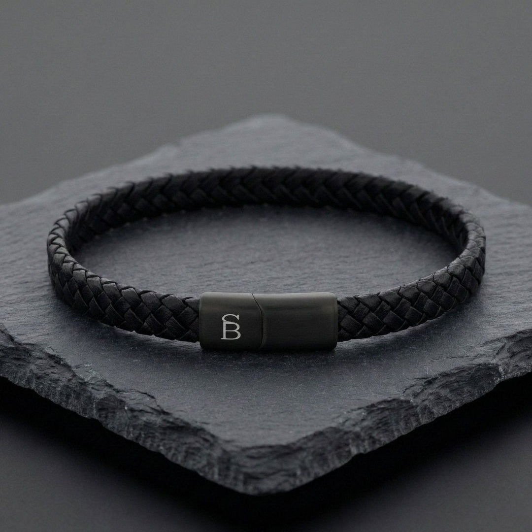 Niche Jewellery Steel & Barnett braided black leather bracelet with a matte black stainless steel magnetic clasp.