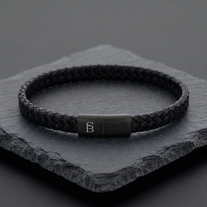 Niche Jewellery Steel & Barnett braided black leather bracelet with a matte black stainless steel magnetic clasp.