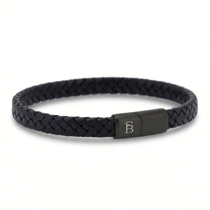 Niche Jewellery Steel & Barnett braided black cowhide leather bracelet with a matt black stainless steel clasp.