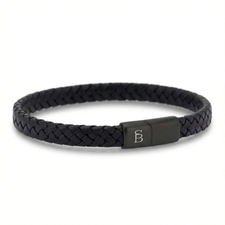 Niche Jewellery Steel & Barnett braided black cowhide leather bracelet with a matt black stainless steel clasp.
