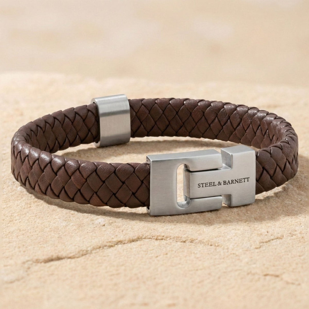 Niche Jewellery Steel & Barnett thick braided brown nappa leather bracelet with a brushed stainless steel clasp.