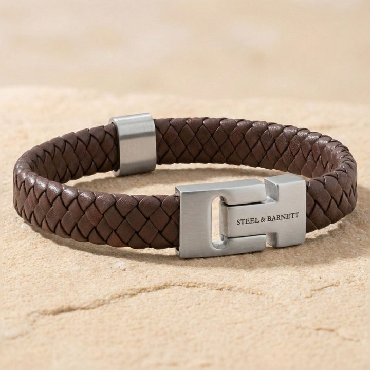 Niche Jewellery Steel & Barnett thick braided brown nappa leather bracelet with a brushed stainless steel clasp.