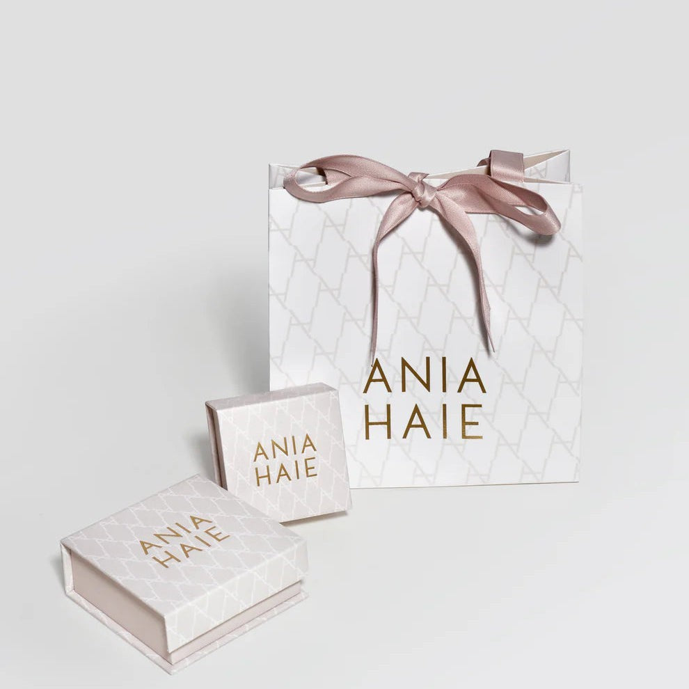 Niche Jewellery branded gift bag and two matching jewellery boxes with Ania Haie logo on a white background.