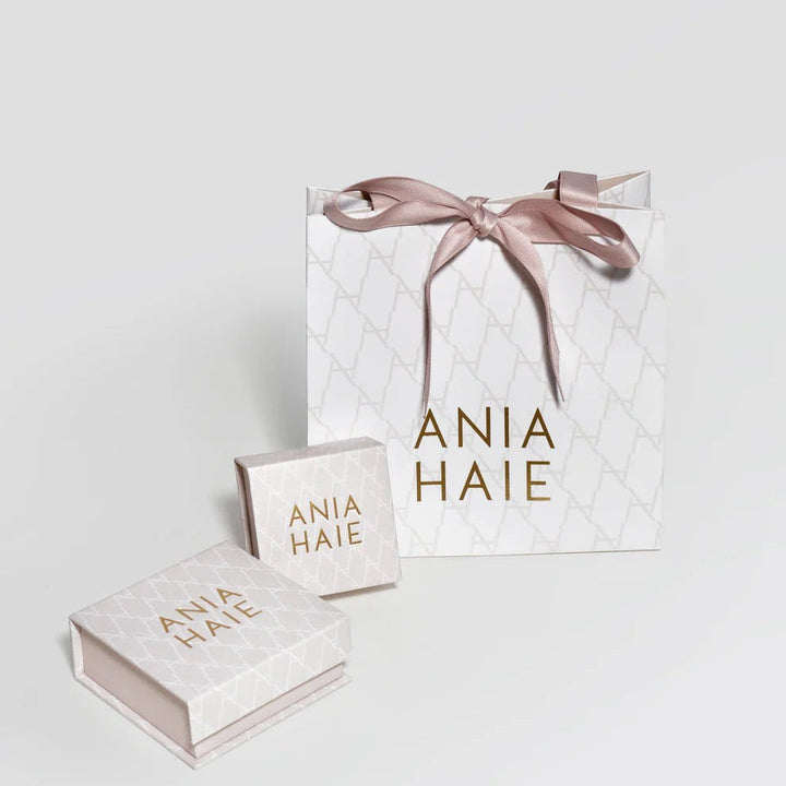 Niche Jewellery branded gift bag and two matching jewellery boxes with Ania Haie logo on a white background.