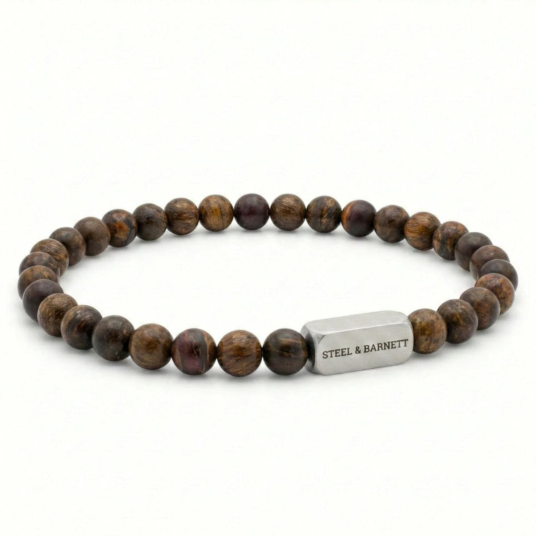 Niche Jewellery Steel & Barnett 6mm matte bronzite bead bracelet with a brushed stainless steel logo accent.