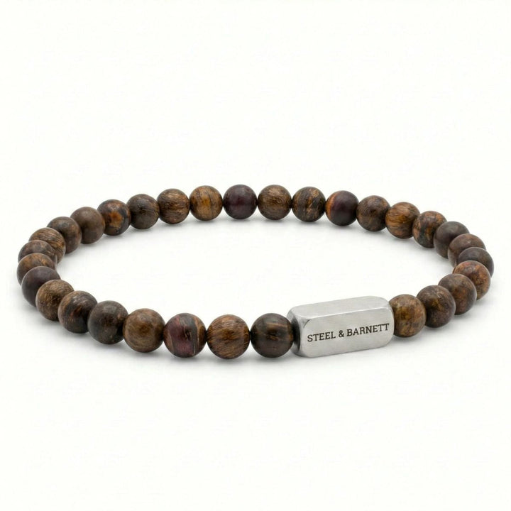Niche Jewellery Steel & Barnett 6mm matte bronzite bead bracelet with a brushed stainless steel logo accent.