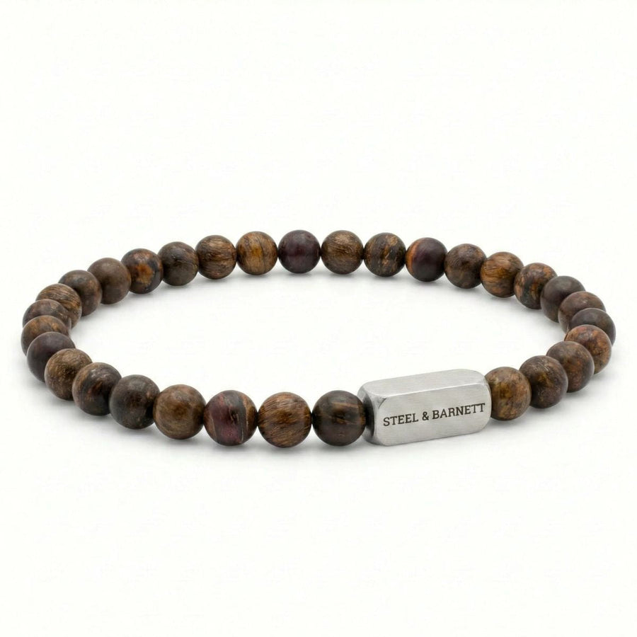 Niche Jewellery Steel & Barnett 6mm matte bronzite bead bracelet with a brushed stainless steel logo accent.