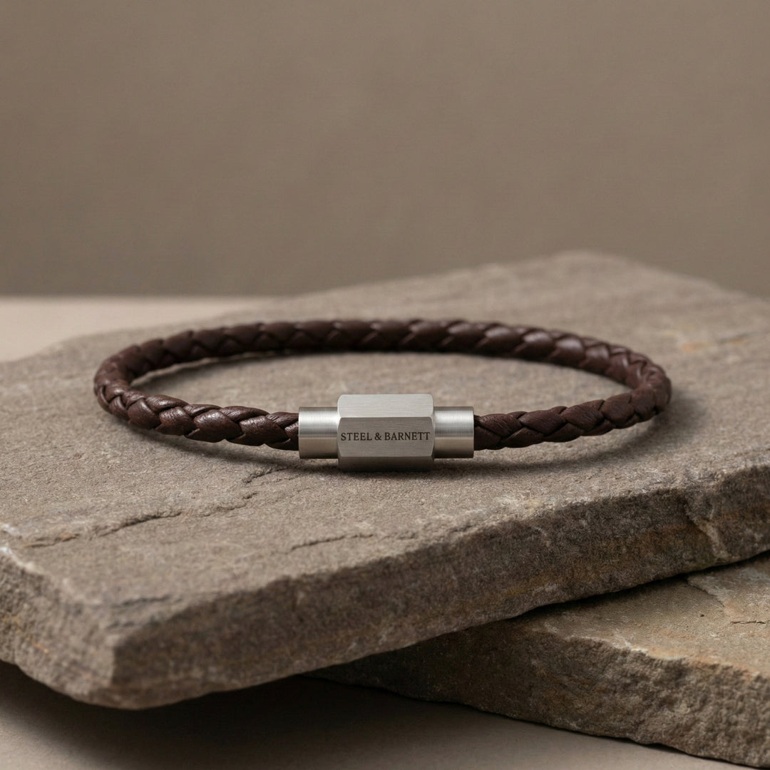 Niche Jewellery Steel & Barnett brown braided nappa leather bracelet with a brushed stainless steel magnetic clasp.