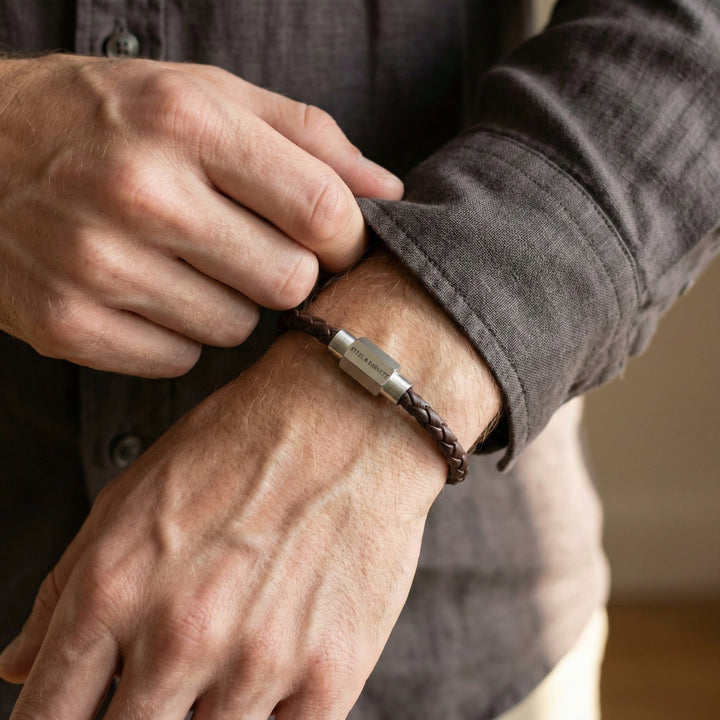 Niche Jewellery Steel & Barnett brown braided nappa leather bracelet with brushed stainless steel magnetic clasp