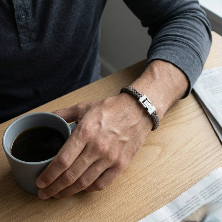 Niche Jewellery Steel & Barnett brown braided nappa leather men's bracelet with a stainless steel magnetic clasp