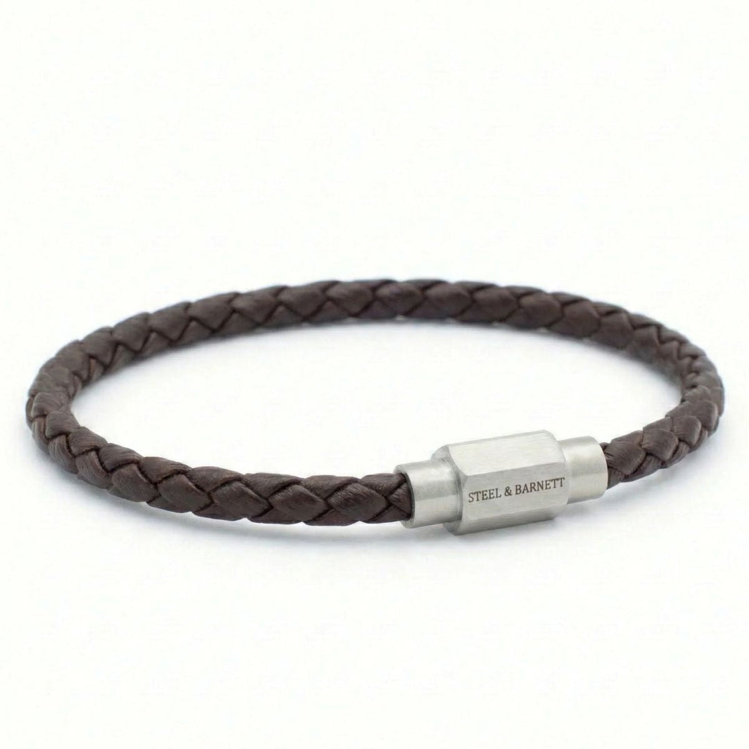 Niche Jewellery Steel & Barnett thin brown braided nappa leather bracelet with a brushed stainless steel clasp.