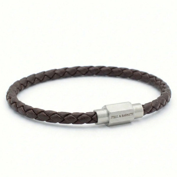 Niche Jewellery Steel & Barnett thin brown braided nappa leather bracelet with a brushed stainless steel clasp.