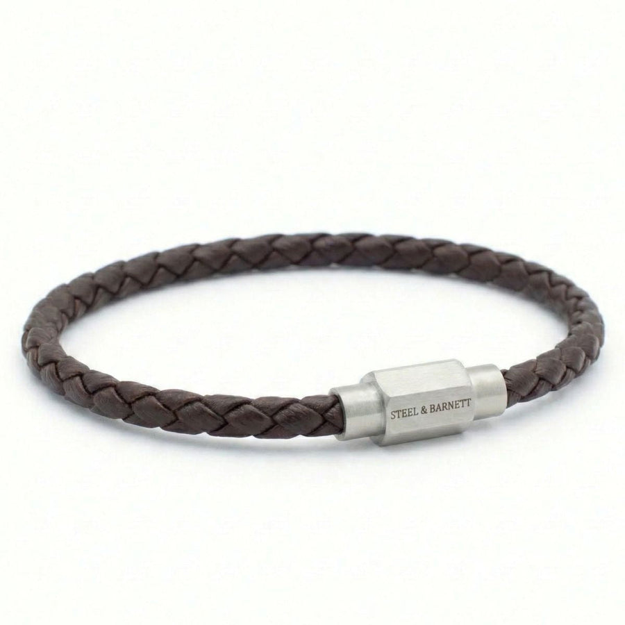 Niche Jewellery Steel & Barnett thin brown braided nappa leather bracelet with a brushed stainless steel clasp.