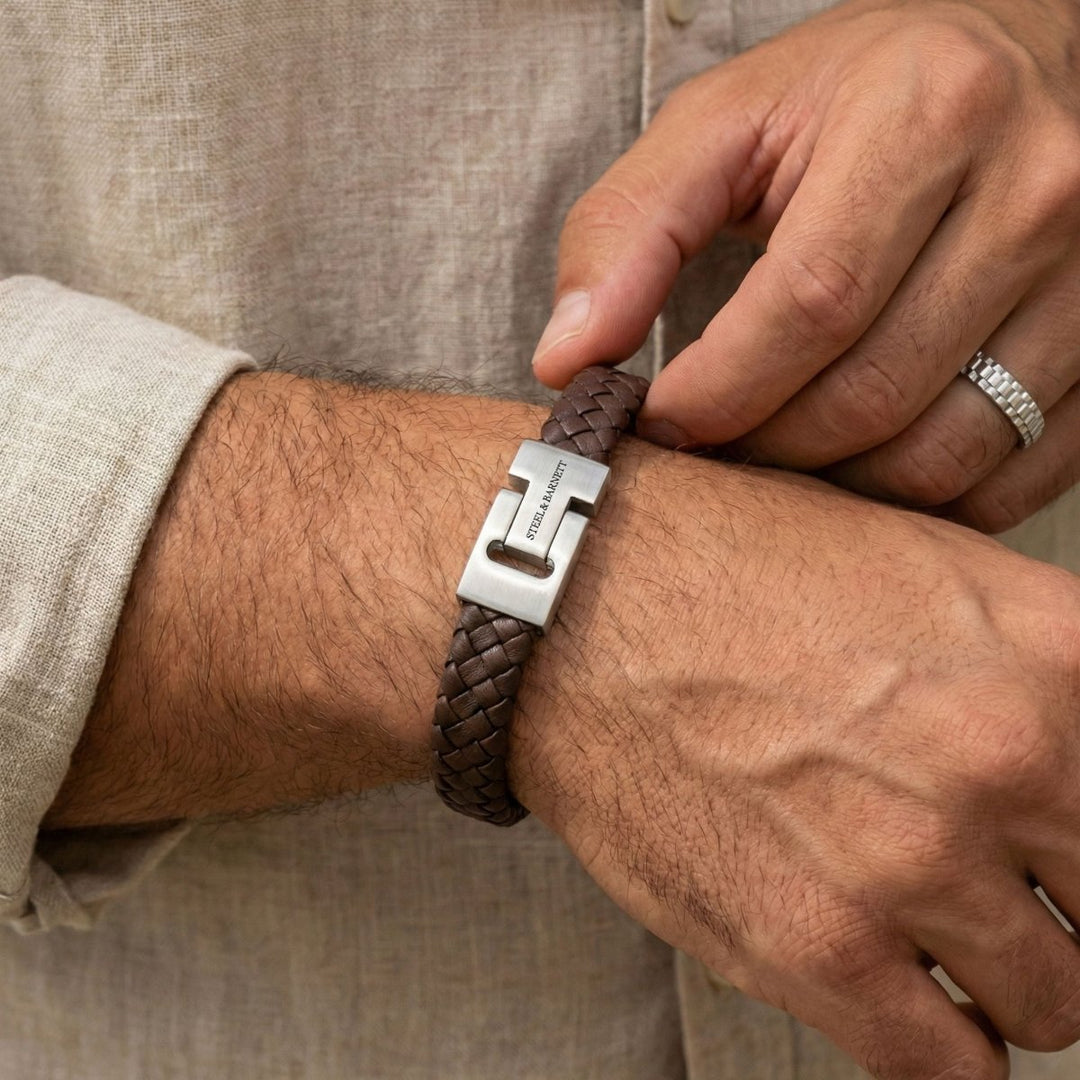 Niche Jewellery Steel & Barnett thick brown braided nappa leather bracelet with a brushed stainless steel clasp.