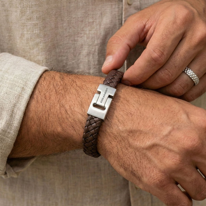 Niche Jewellery Steel & Barnett thick brown braided nappa leather bracelet with a brushed stainless steel clasp.
