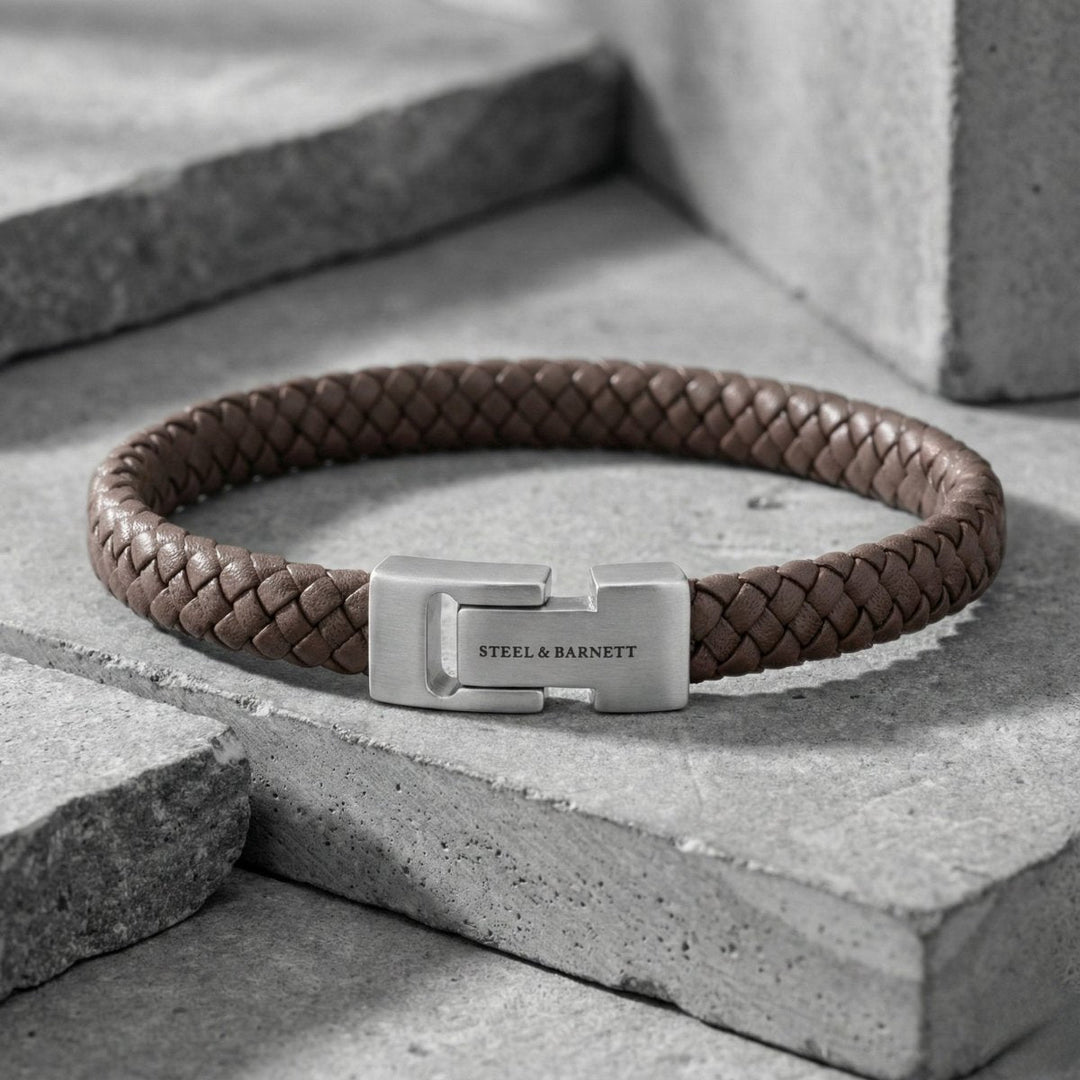 Niche Jewellery Steel & Barnett brown braided nappa leather bracelet with a stainless steel magnetic clasp.