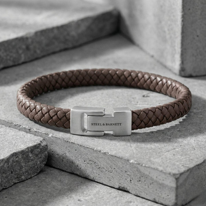Niche Jewellery Steel & Barnett brown braided nappa leather bracelet with a stainless steel magnetic clasp.