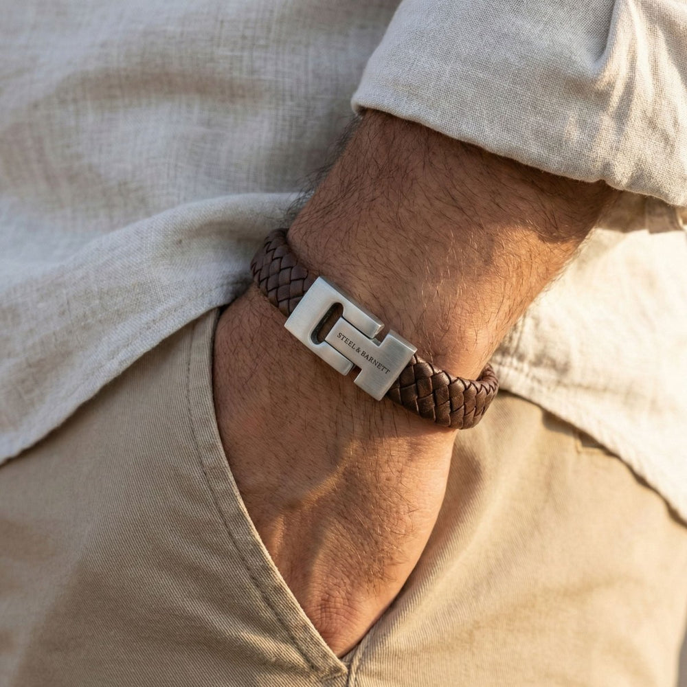 Niche Jewellery Steel & Barnett thick brown braided nappa leather bracelet with a brushed stainless steel clasp