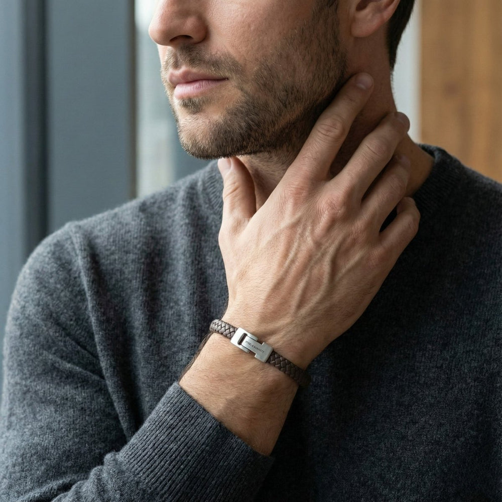 Niche Jewellery Steel & Barnett brown braided nappa leather bracelet with stainless steel magnetic clasp on a man