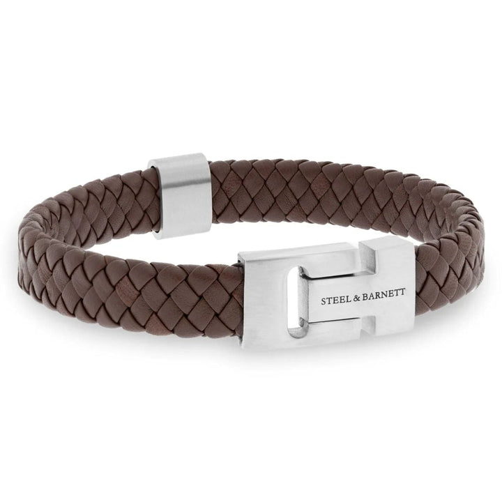 Niche Jewellery Steel & Barnett thick brown braided nappa leather bracelet with a brushed stainless steel clasp.
