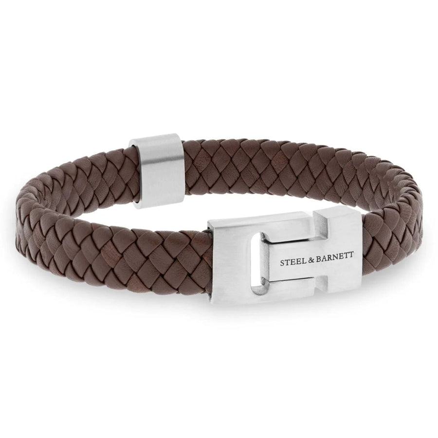 Niche Jewellery Steel & Barnett thick brown braided nappa leather bracelet with a brushed stainless steel clasp.