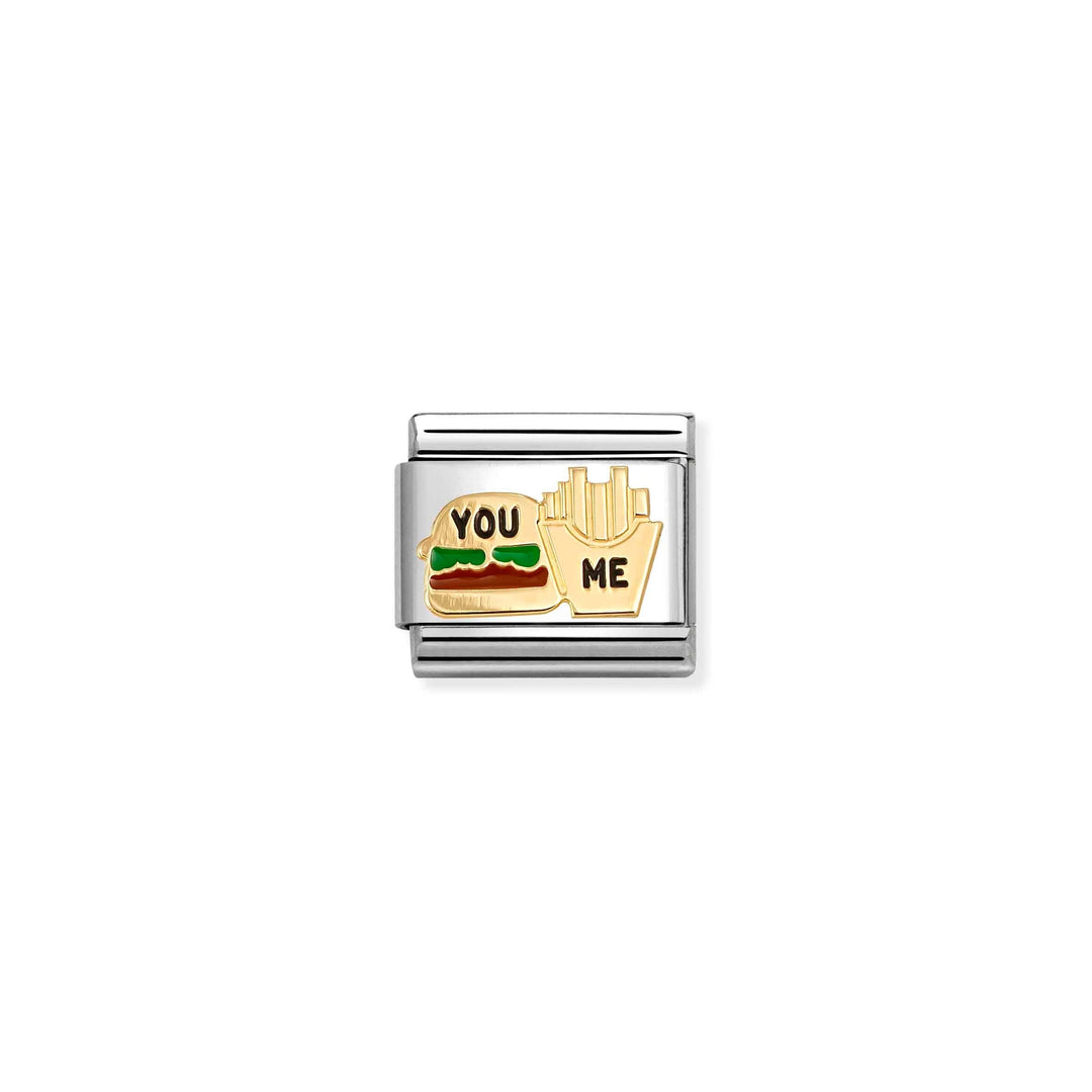 Niche Jewellery Nomination charm featuring a gold burger and fries design with colourful enamel on stainless steel