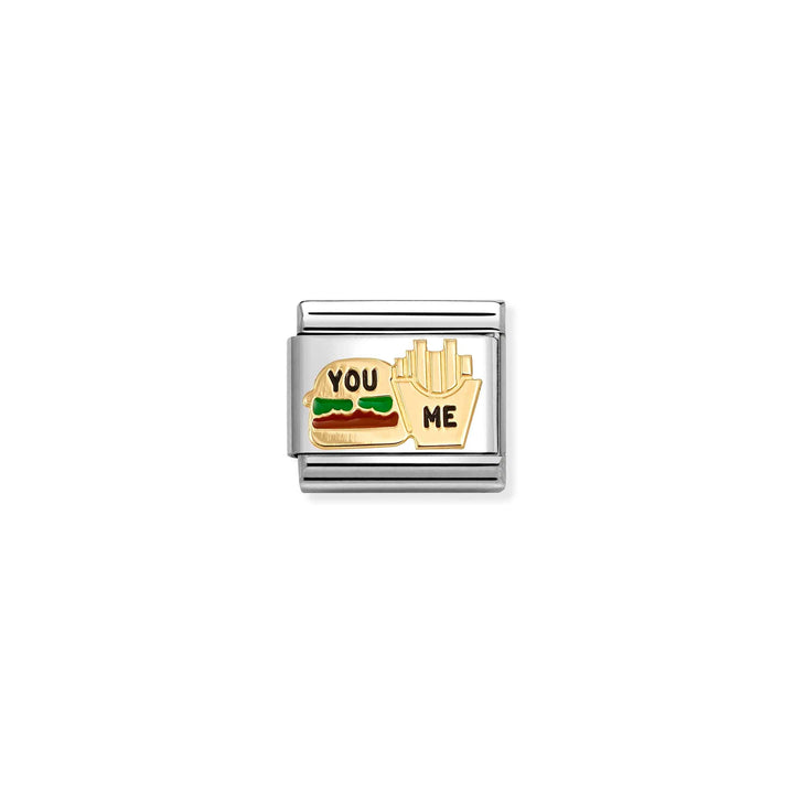 Niche Jewellery Nomination charm featuring a gold burger and fries design with colourful enamel on stainless steel