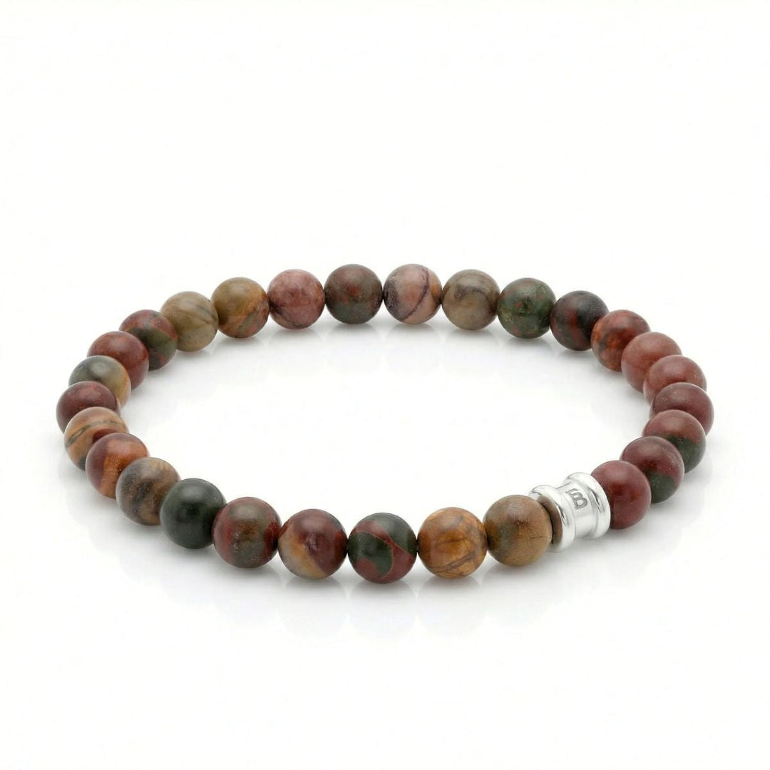 Niche Jewellery Steel & Barnett 8mm Cherry Creek jasper beaded bracelet with stainless steel logo accent bead.