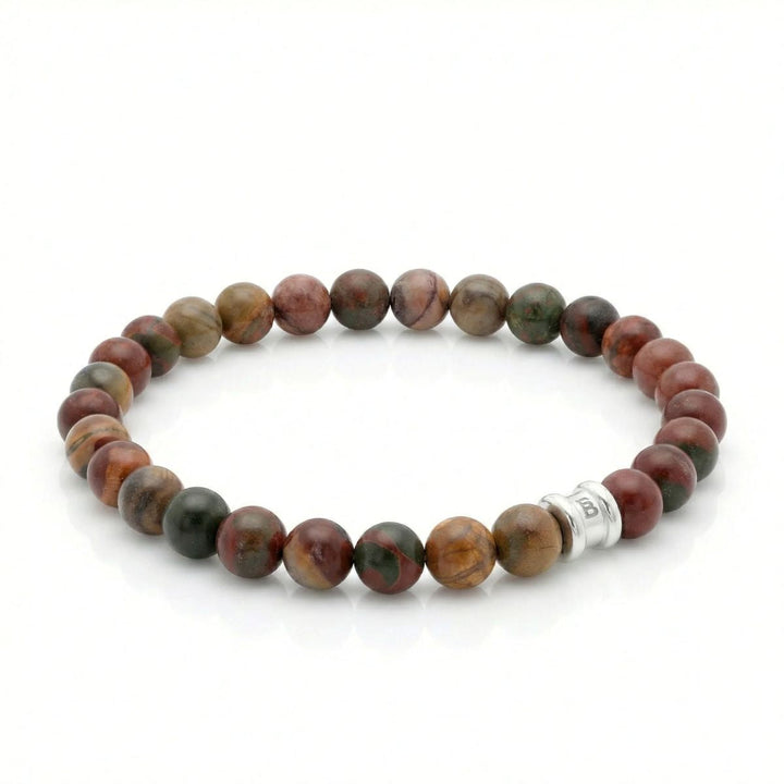 Niche Jewellery Steel & Barnett 8mm Cherry Creek jasper beaded bracelet with stainless steel logo accent bead.