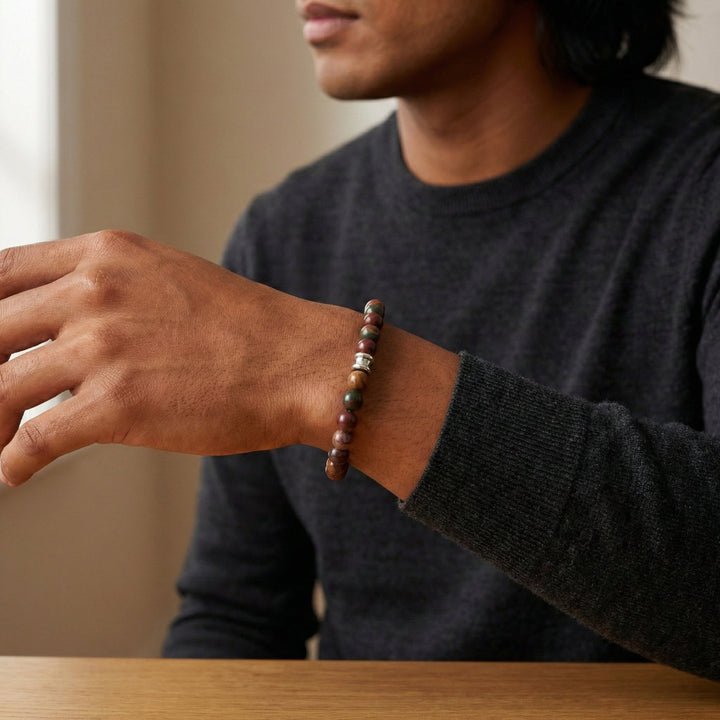 Niche Jewellery Steel & Barnett 8mm Cherry Creek jasper beaded bracelet with stainless steel accent on a man's wrist