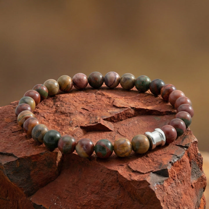 Niche Jewellery Steel & Barnett 8mm round Cherry Creek jasper beaded bracelet with stainless steel accent bead.