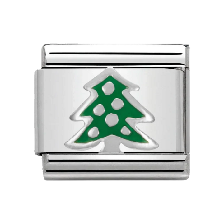 Niche Jewellery Nomination stainless steel charm featuring a green enamel Christmas tree design