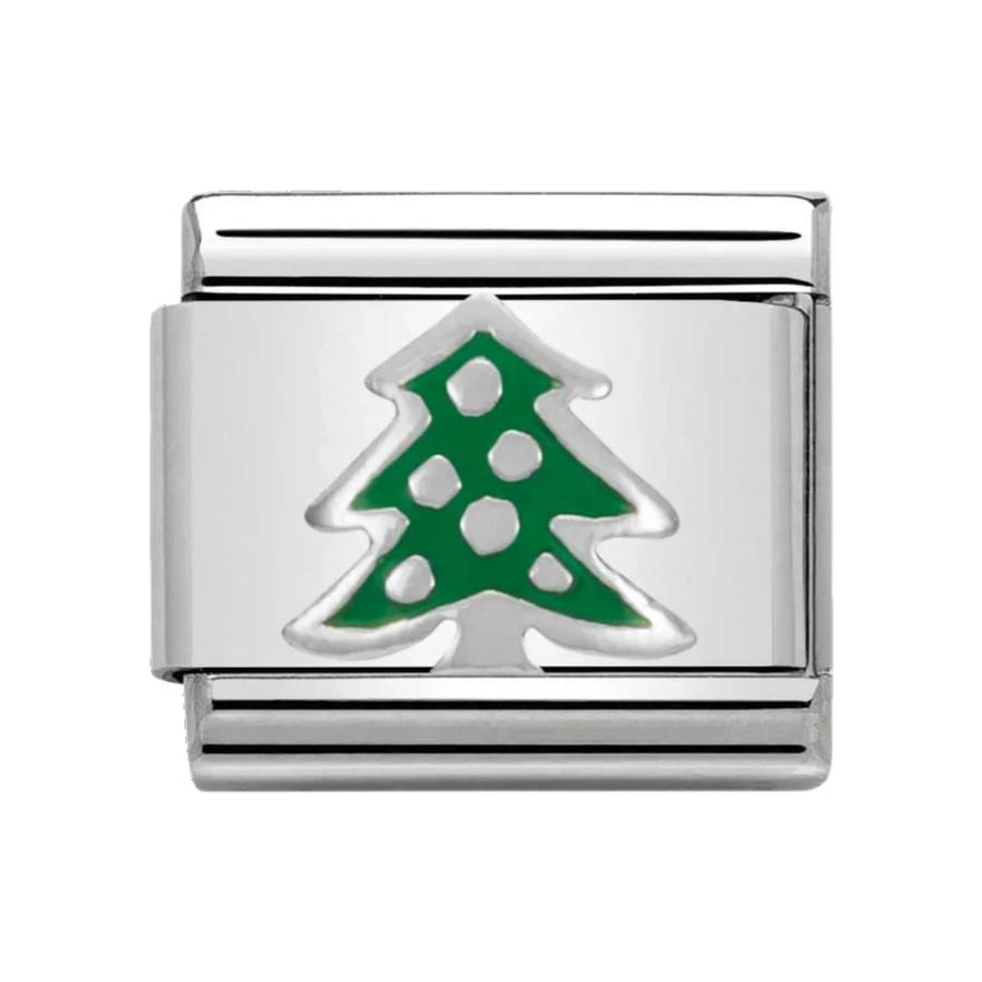 Niche Jewellery Nomination stainless steel charm featuring a green enamel Christmas tree design