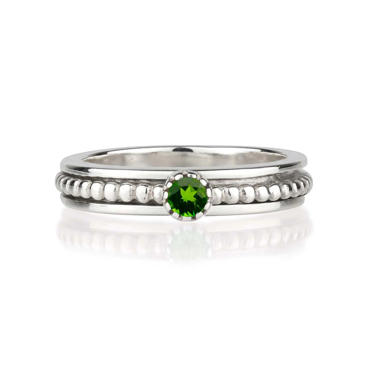 Niche Jewellery Charlotte's Web Lalita sterling silver spinning ring featuring a round forest green chrome diopside.