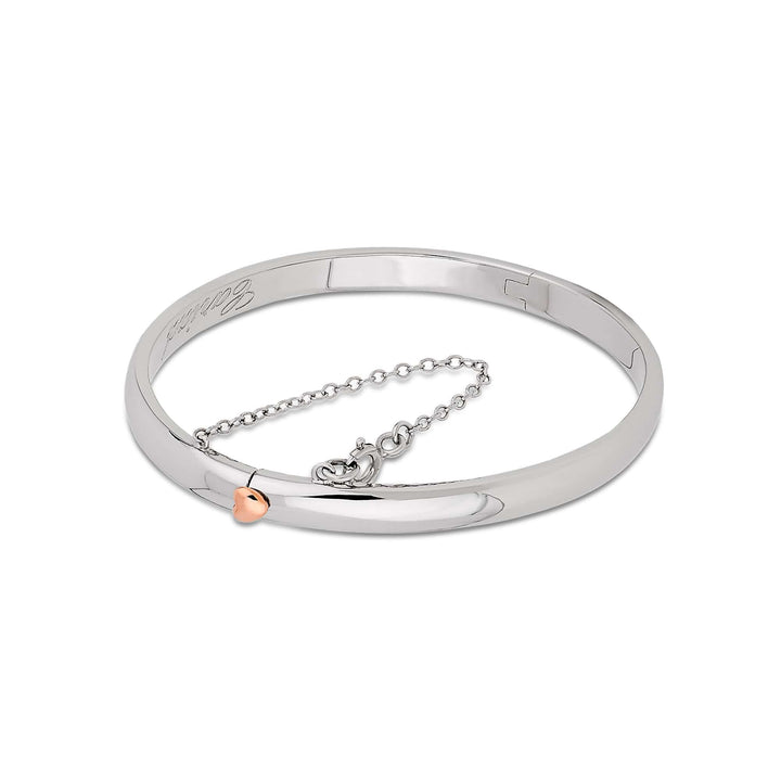 Niche Jewellery Clogau Cariad sterling silver bangle featuring a small rose gold heart and a secure chain clasp.