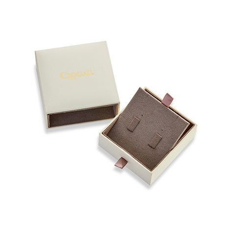 Clogau branded cream gift box for stud earrings with a soft brown interior lining