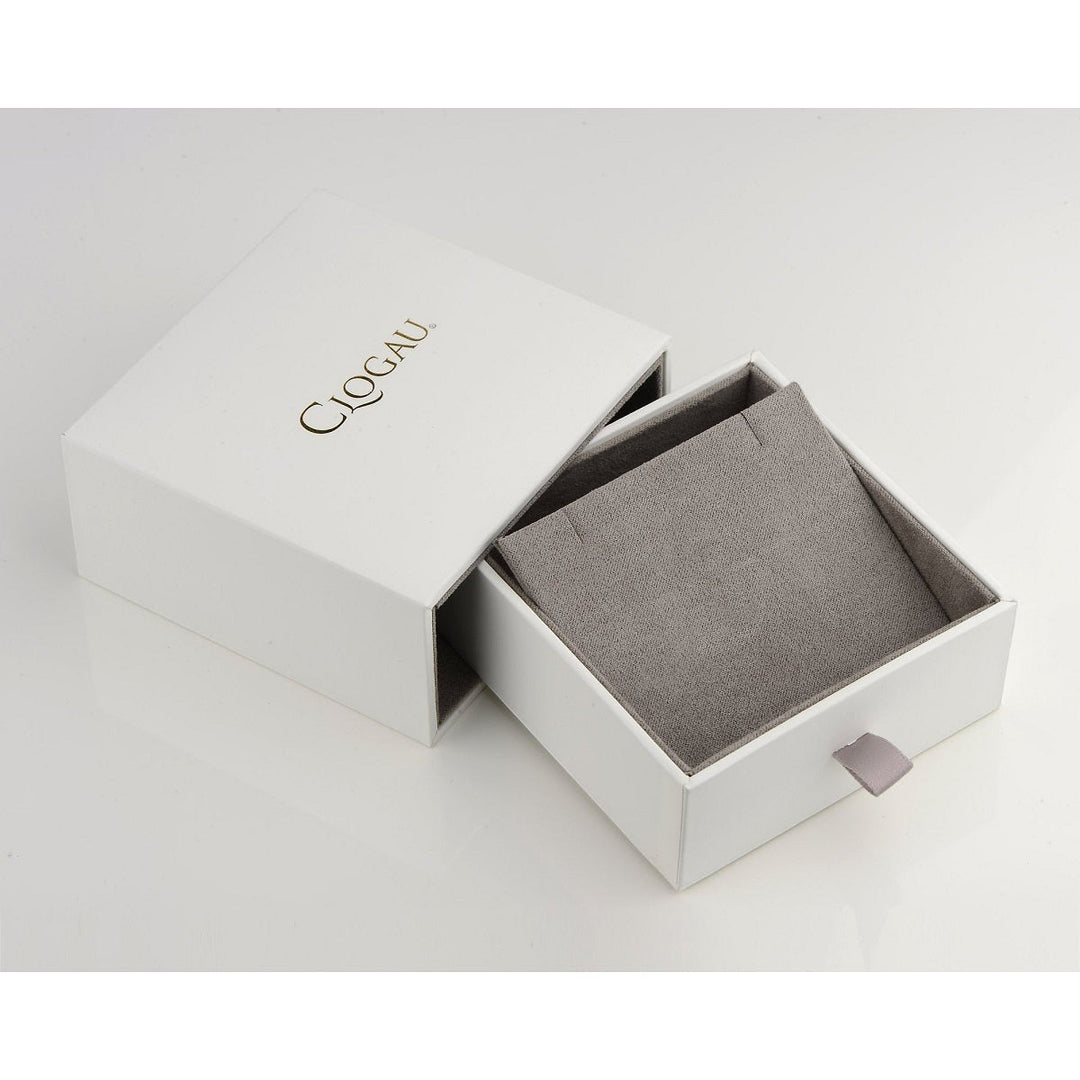 Niche Jewellery Clogau branded white gift box with grey velvet interior for jewellery presentation