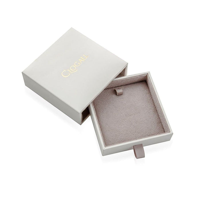 Clogau gift box in white with gold logo and soft grey velvet interior lining