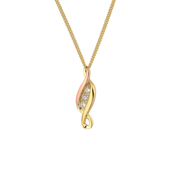 Niche Jewellery Clogau 9ct yellow and rose gold pendant featuring three diamonds in a flowing twist design